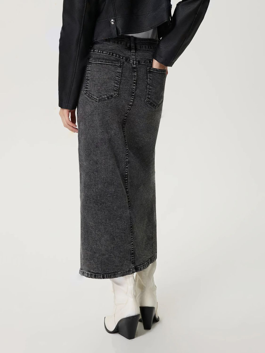 High Noon Midi Denim Skirt with Pockets