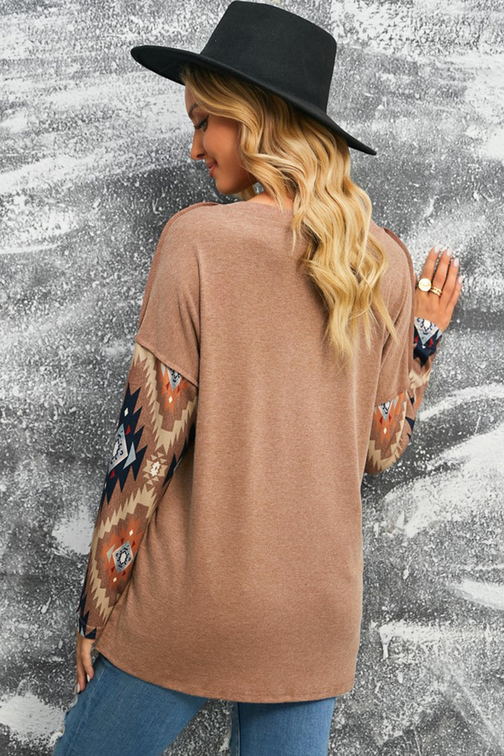 Brown Aztec Print Buttoned V Neck Top