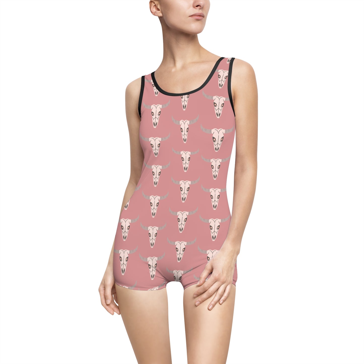 Pink Steer Skull Pattern Vintage Swimsuit