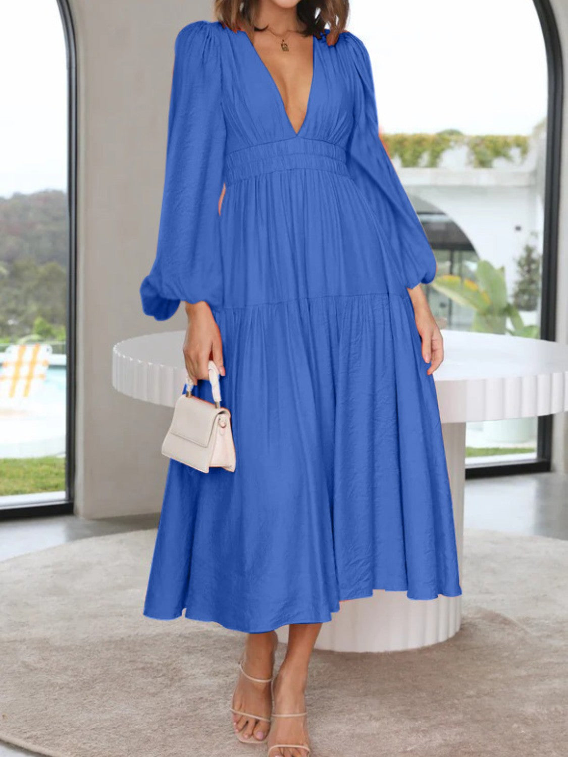 Miss Fannie Porter's Deep V-Neck Balloon Sleeve Maxi Dress