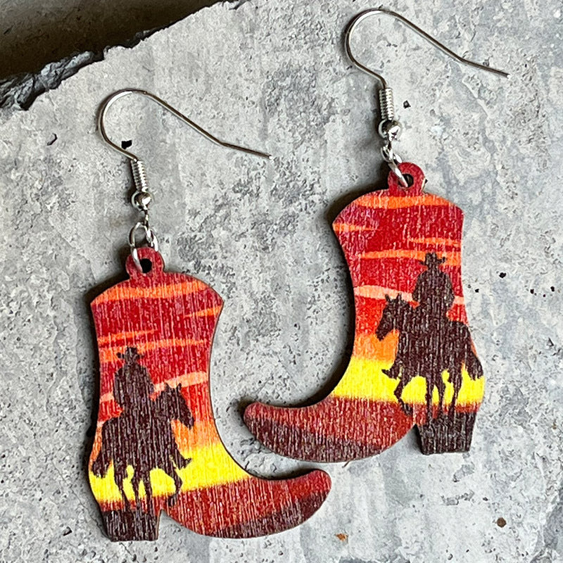 Cowboy Rides Away Boot Shape Wooden Dangle Earrings