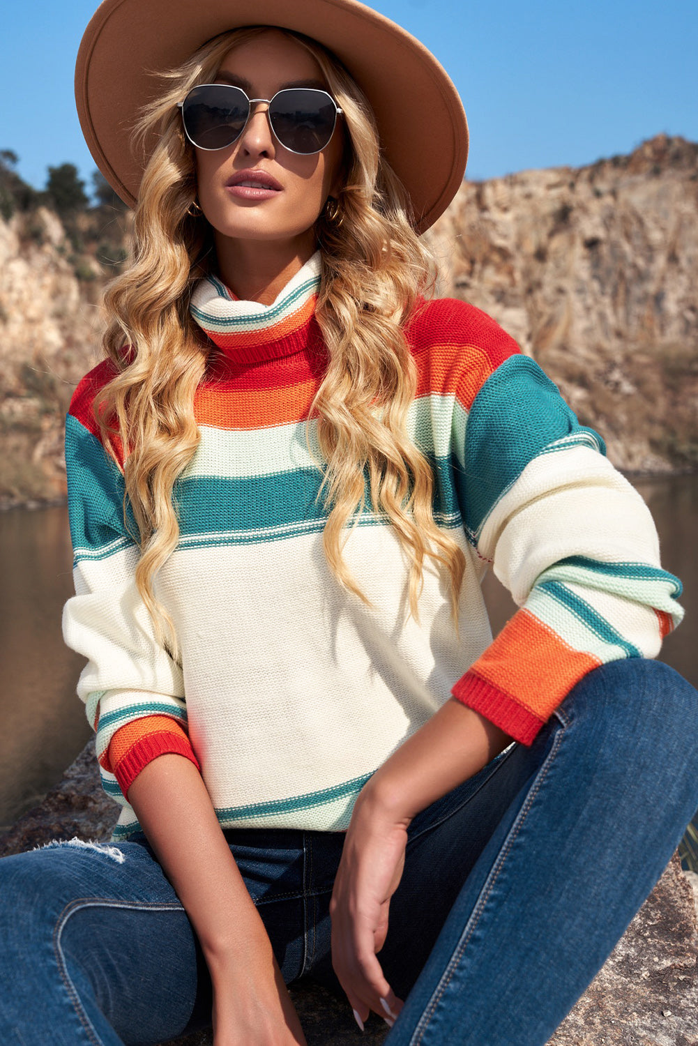 Serape Stripe Turtleneck Drop Shoulder Sweater