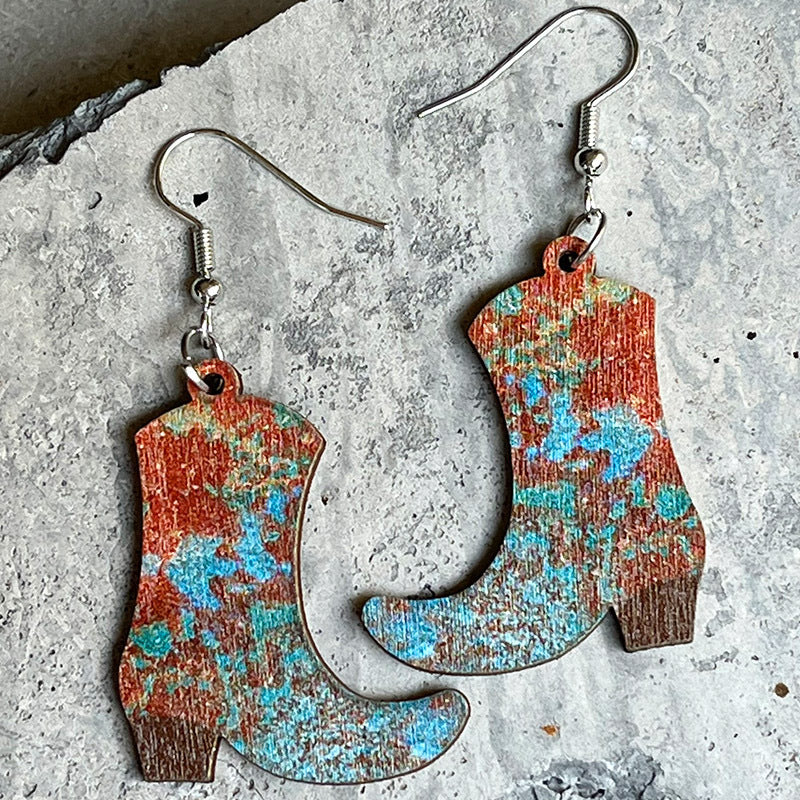 Cowboy Rides Away Boot Shape Wooden Dangle Earrings