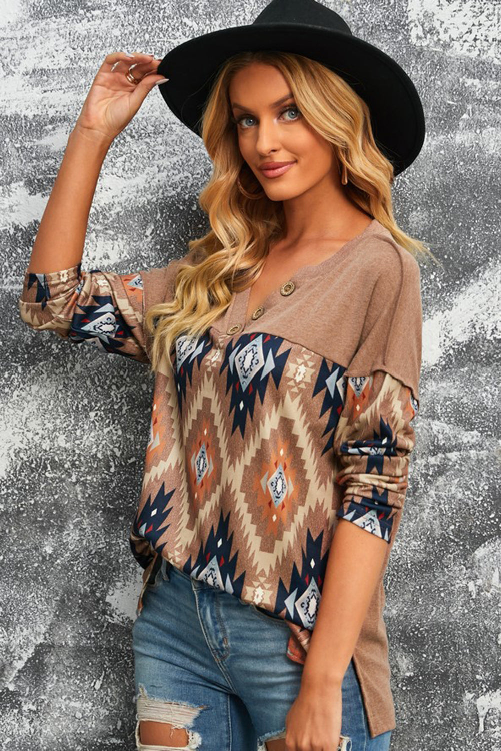 Brown Aztec Print Buttoned V Neck Top