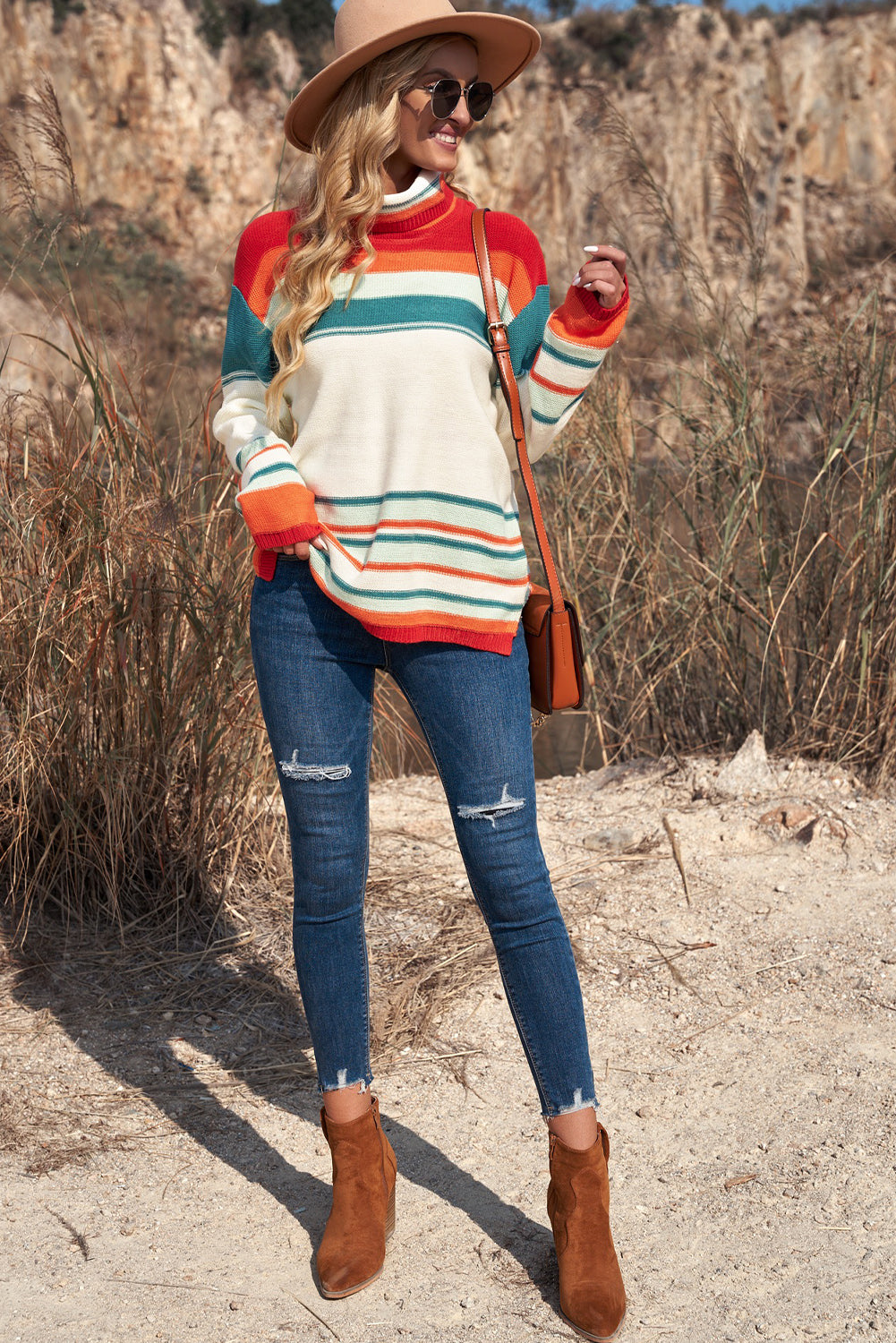 Serape Stripe Turtleneck Drop Shoulder Sweater