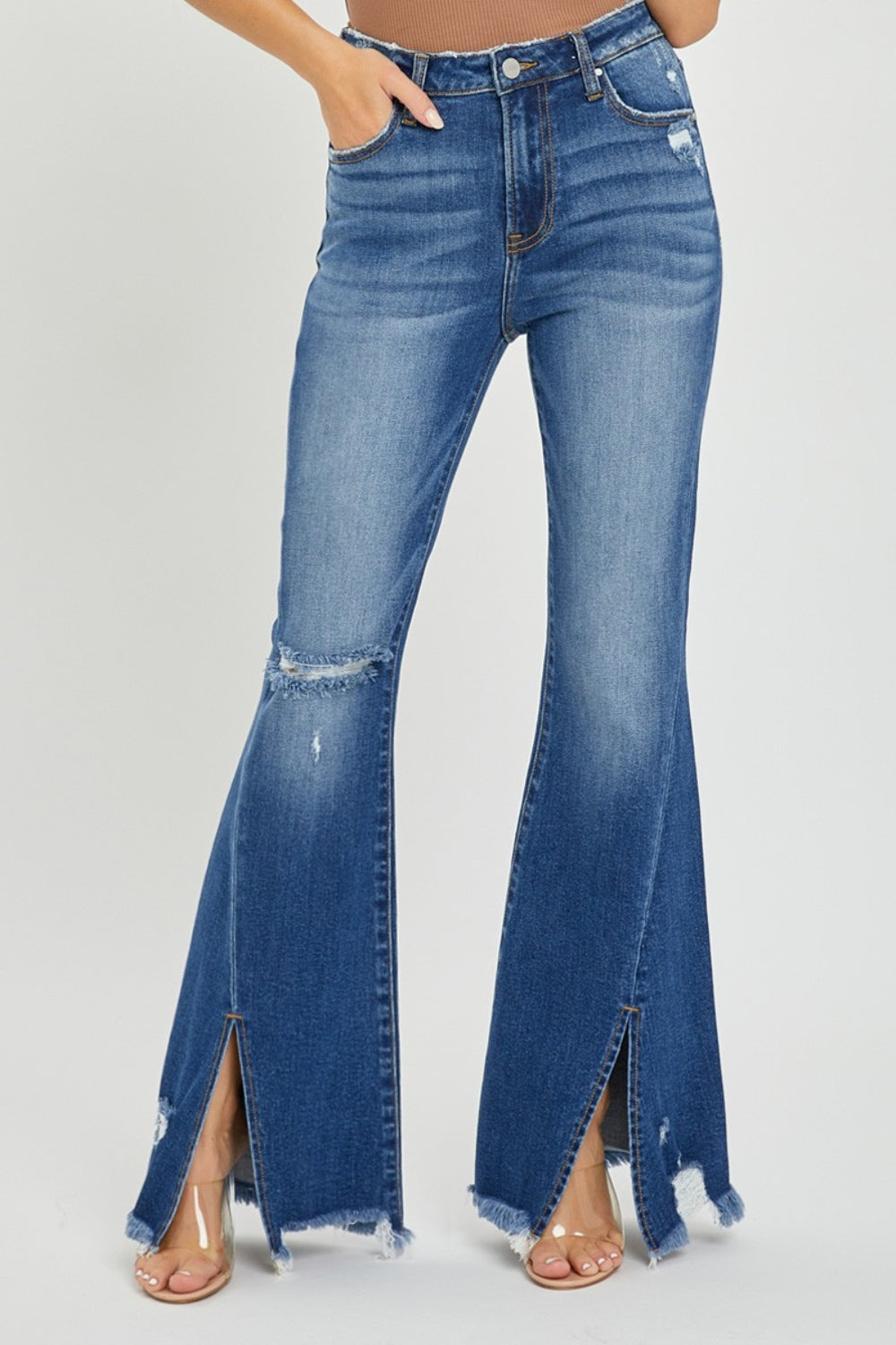 Front Slit Frayed Hem Flare Jeans