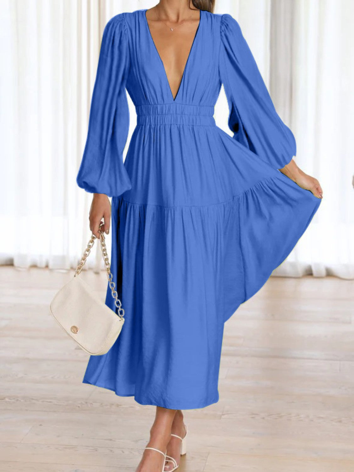 Miss Fannie Porter's Deep V-Neck Balloon Sleeve Maxi Dress