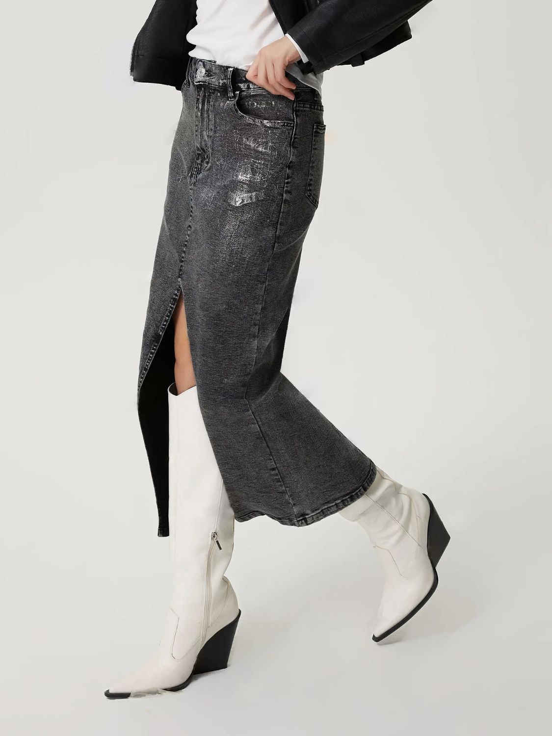 High Noon Midi Denim Skirt with Pockets