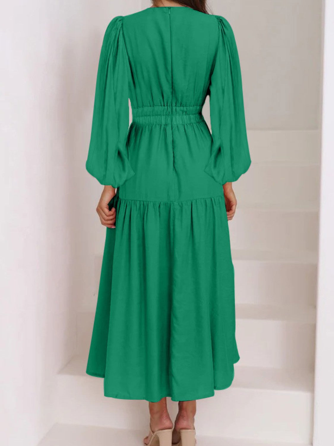 Miss Fannie Porter's Deep V-Neck Balloon Sleeve Maxi Dress