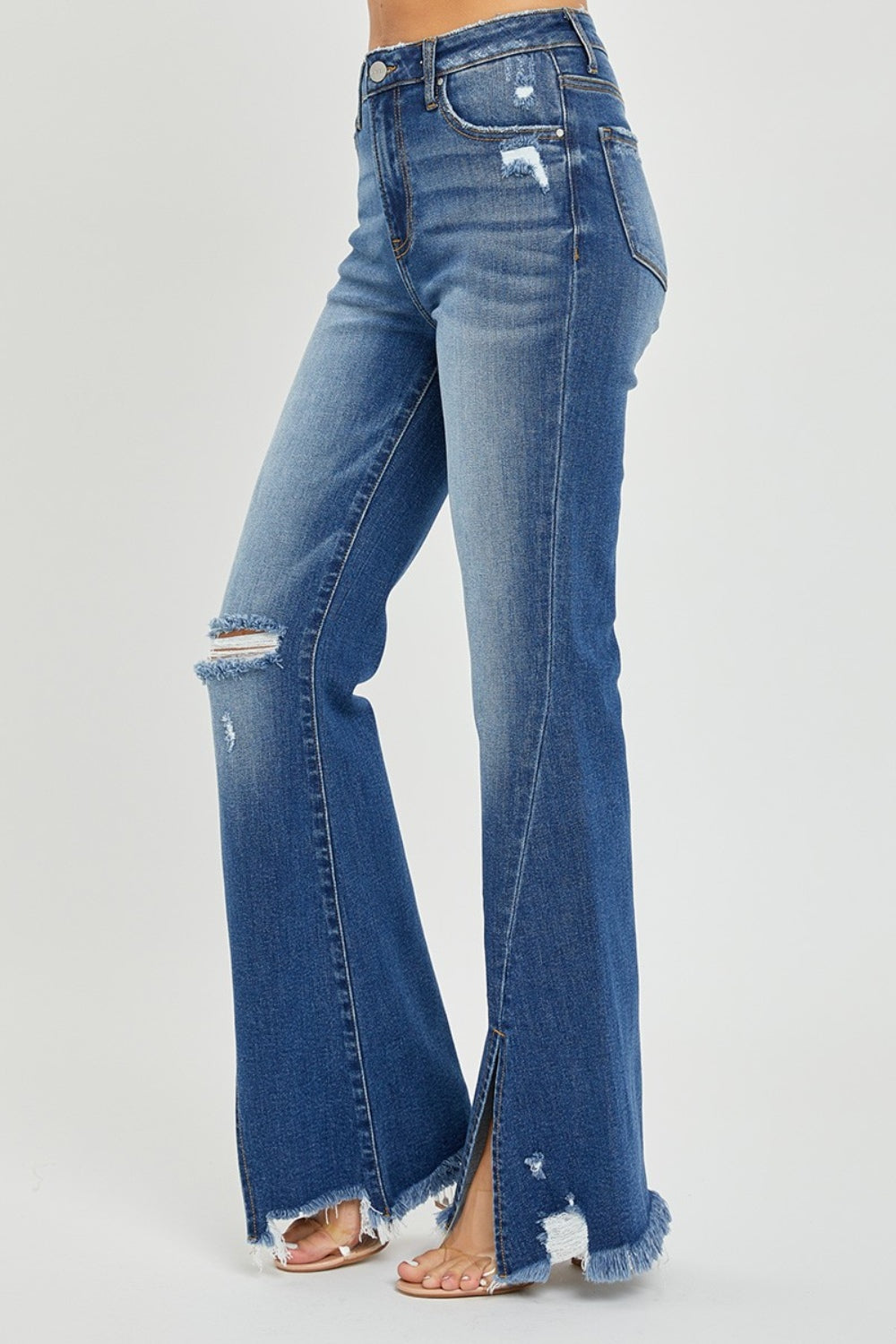 Front Slit Frayed Hem Flare Jeans