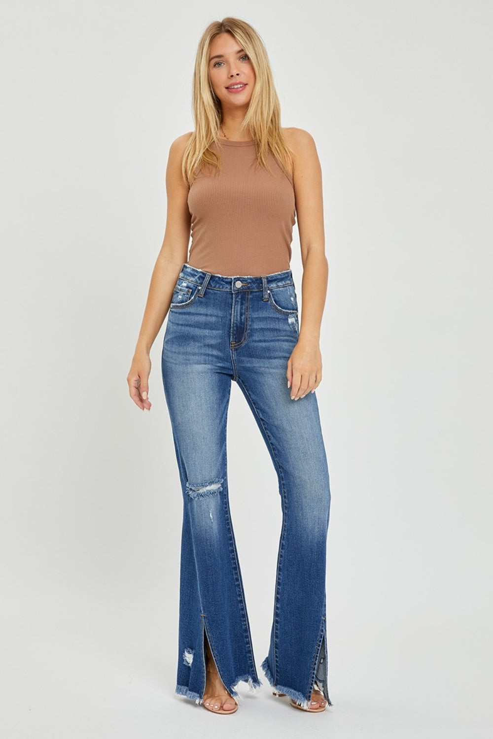 Front Slit Frayed Hem Flare Jeans