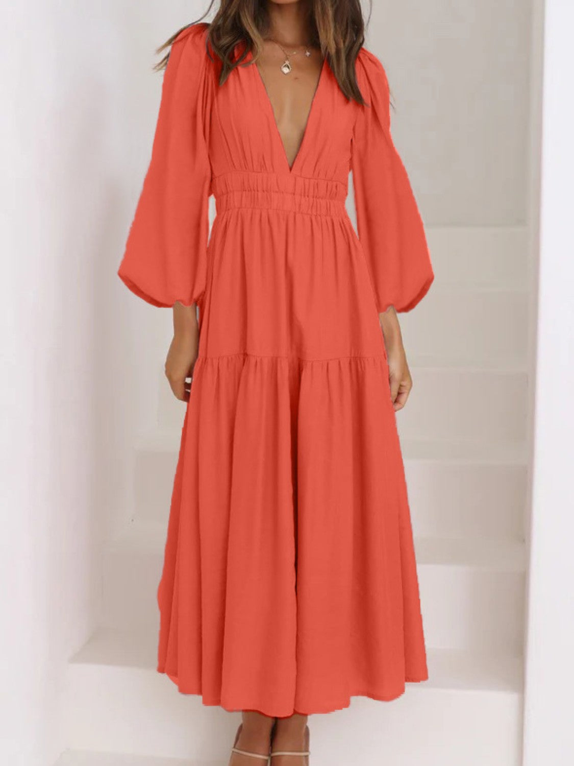 Miss Fannie Porter's Deep V-Neck Balloon Sleeve Maxi Dress