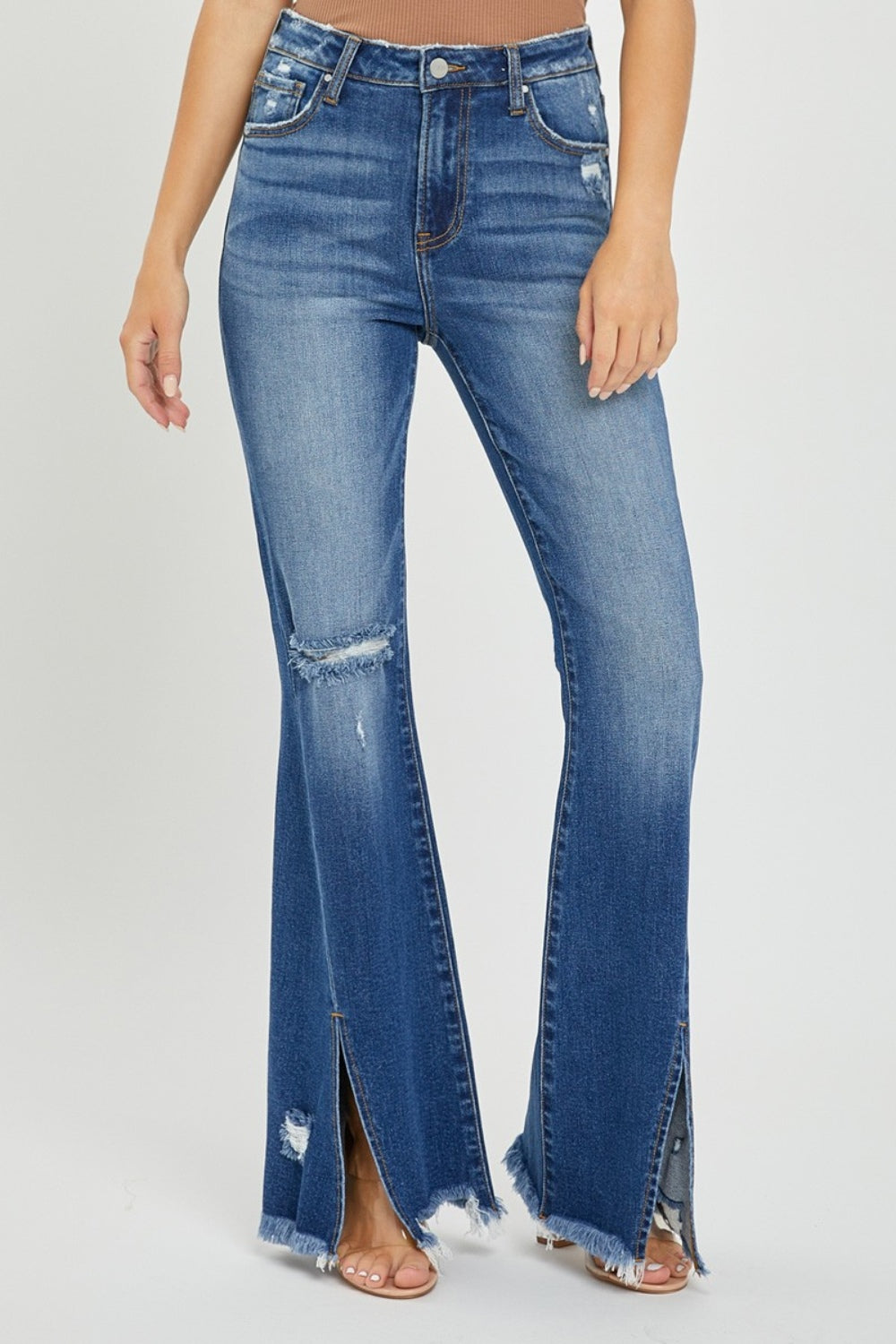 Front Slit Frayed Hem Flare Jeans