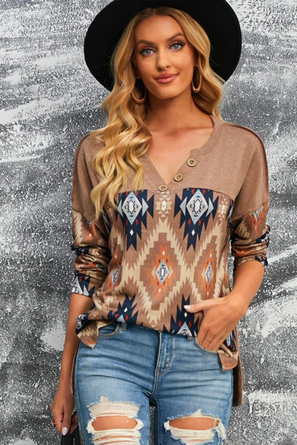 Brown Aztec Print Buttoned V Neck Top