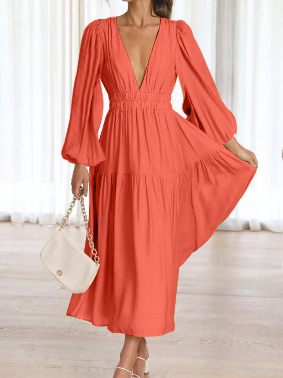 Miss Fannie Porter's Deep V-Neck Balloon Sleeve Maxi Dress