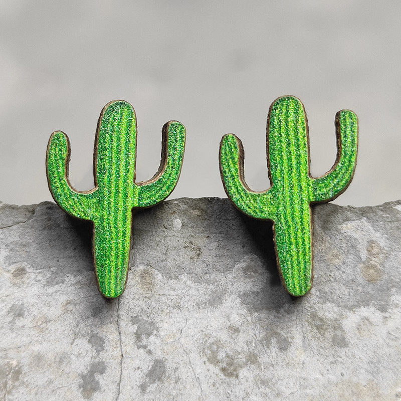 Cactus Painted Wood Earrings