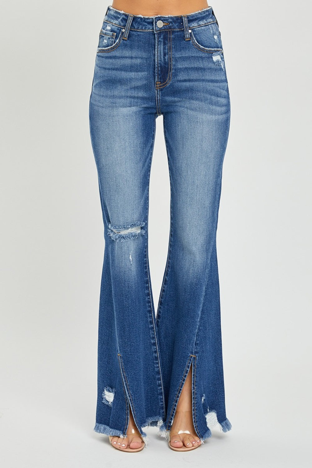 Front Slit Frayed Hem Flare Jeans