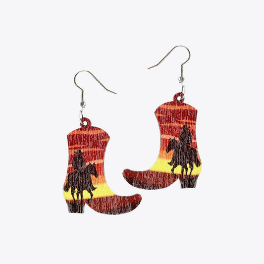 Cowboy Rides Away Boot Shape Wooden Dangle Earrings