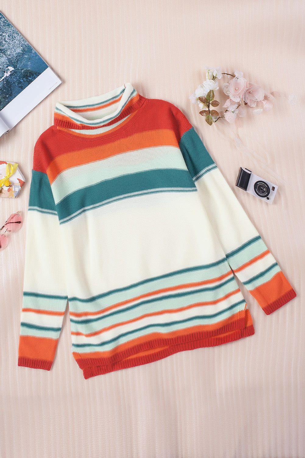 Serape Stripe Turtleneck Drop Shoulder Sweater