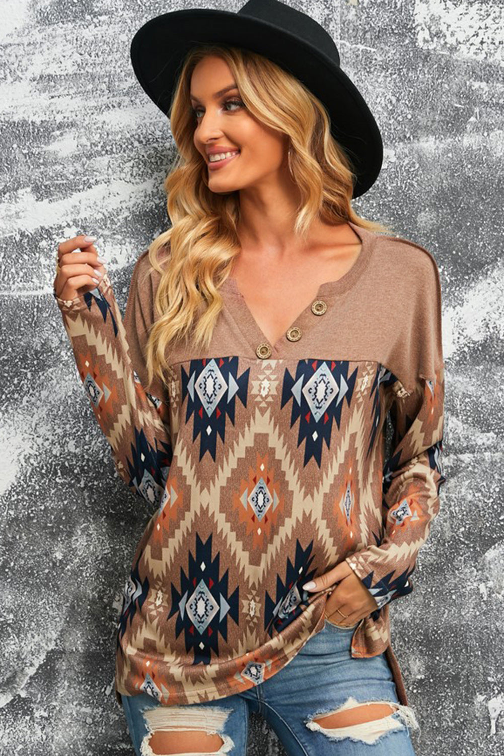 Brown Aztec Print Buttoned V Neck Top