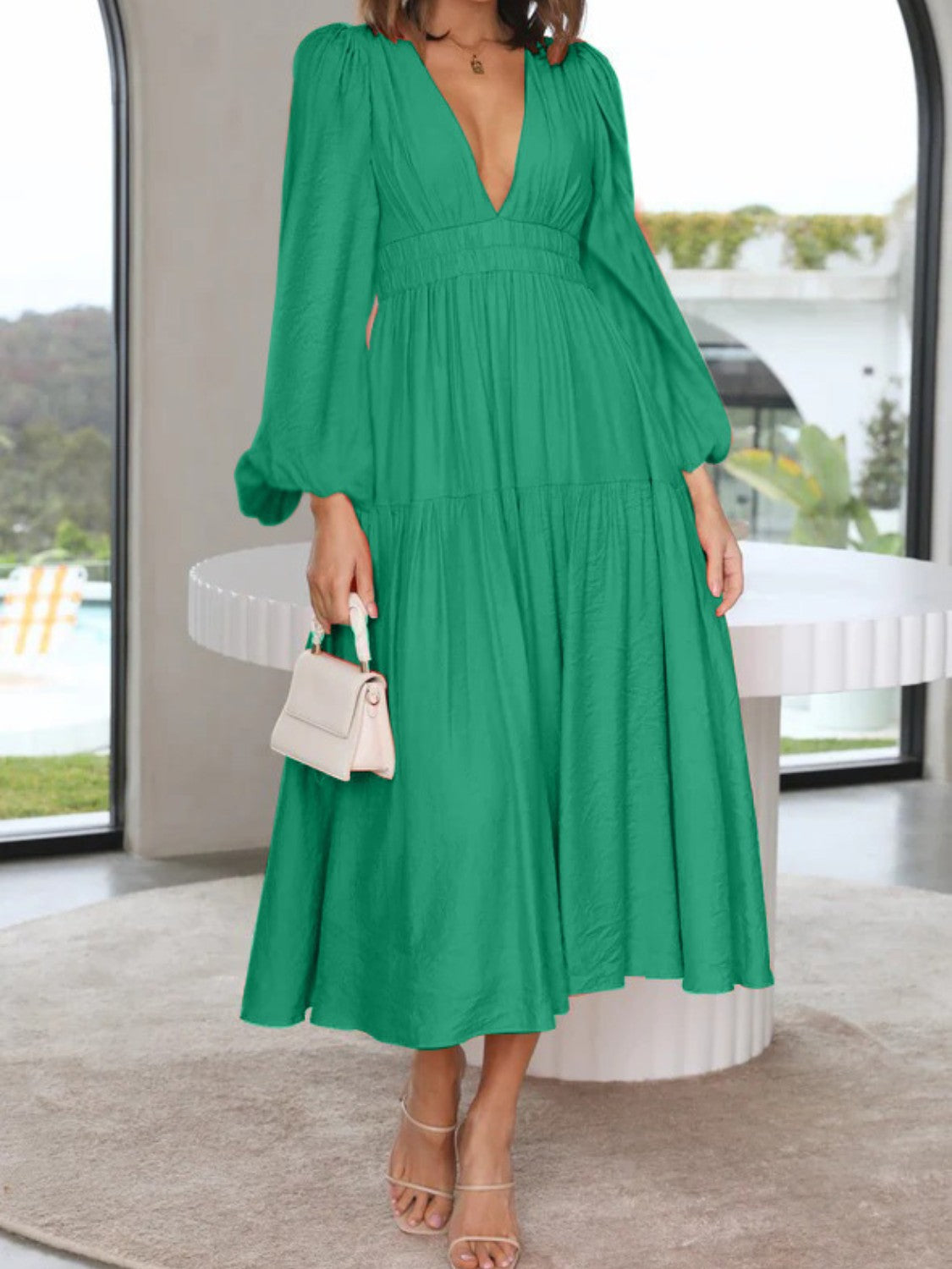 Miss Fannie Porter's Deep V-Neck Balloon Sleeve Maxi Dress