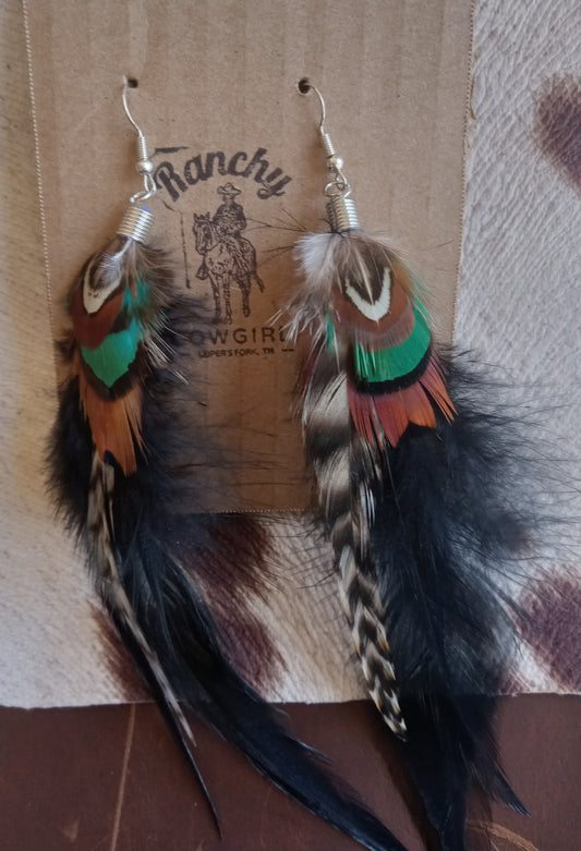 Feather Dangle Earrings Black/Teal #1118